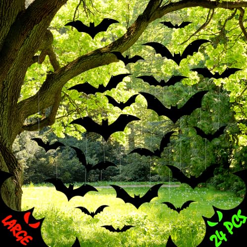 Halloween Bat Decorations Set - 24 Hanging & Wall Bats for Indoor Outdoor Spooky Decor