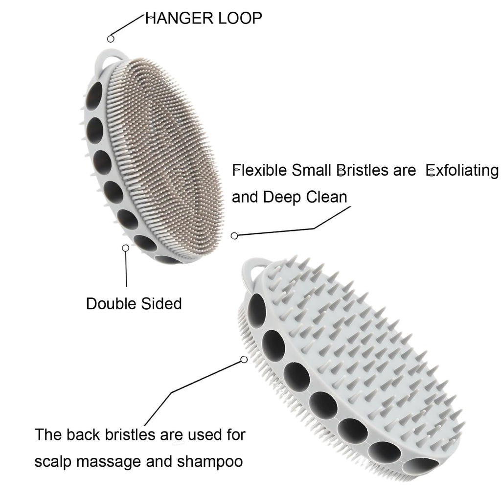 Vinjinsl Silicone Body Scrubber with Double-Sided Bristles, Deep Cleaning Massage Brush, Flexible Design with Hanger Loop for Exfoliating and Scalp Care (Grey)
