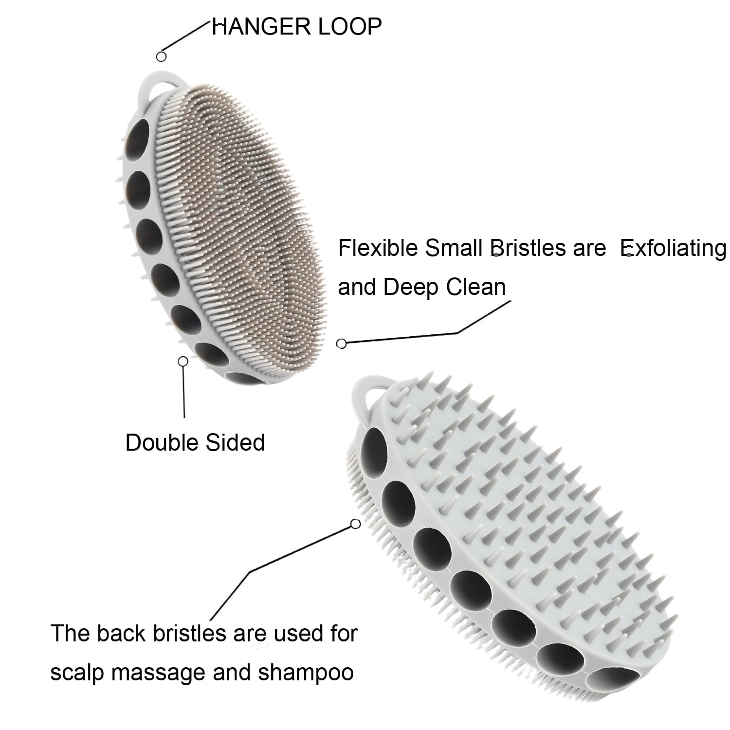 Vinjinsl Silicone Body Scrubber with Double-Sided Bristles, Deep Cleaning Massage Brush, Flexible Design with Hanger Loop for Exfoliating and Scalp Care (Grey)