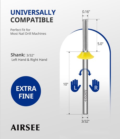 AIRSEE Safety Tungsten Carbide Acrylic Nail Drill Bit Electric Nail Drill File Head Tip for Dead Skin Cleaning Nail Bed File Cuticle Nail Prepare 3/32" 2 Way Needle Nail Buffer Bit XF