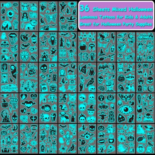 Glow in the Dark Halloween Tattoos for Kids - 280 Mixed Styles, 36 Sheets
