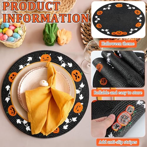 Halloween Round Placemats Set of 6 - Embroidered Pumpkin and Ghost Table Decor
