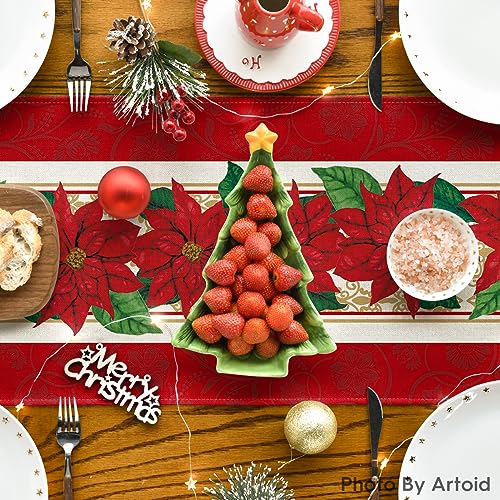 Christmas Poinsettia Table Runner 13x48 Inch Holiday Home Decor - Red