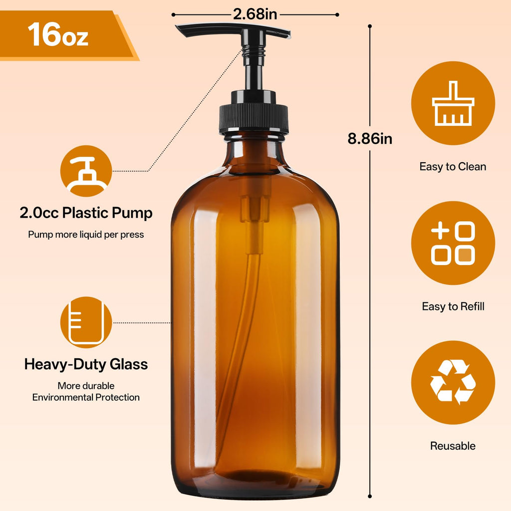 Vitreaux 16oz Amber Glass Soap Dispenser, 2 Pack Refillable Hand Soap Dispenser with Leak-Proof Pump, Brown Glass Bottle for Dish Soap, Lotion, Shampoo, Conditioner, Body Wash