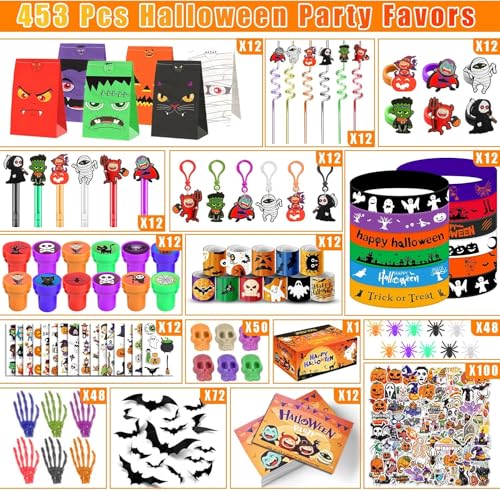 Halloween Party Favors Set - 453PCS Trick or Treat Goodie Bags & Decorations - Kids Classroom Prizes & Gifts