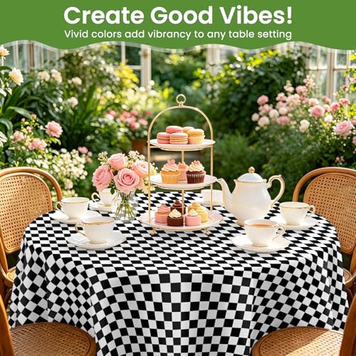84-Inch Black Checkered Flag Round Plastic Tablecloth - 12 Pack, Disposable, Waterproof