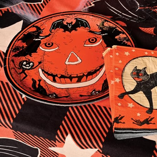 Vintage Halloween Party Plates - Black Cat & Pumpkin Design, 16 Pack, 9-Inch