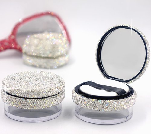 Bestbling Bling Rhinestone Refill Loose compact Powder Container - 20g Capacity, Elastic Mesh, No Powder Leakage, Includes Powder Puff, Versatile Cosmetic Storage, Powder Dispenser (Silver)