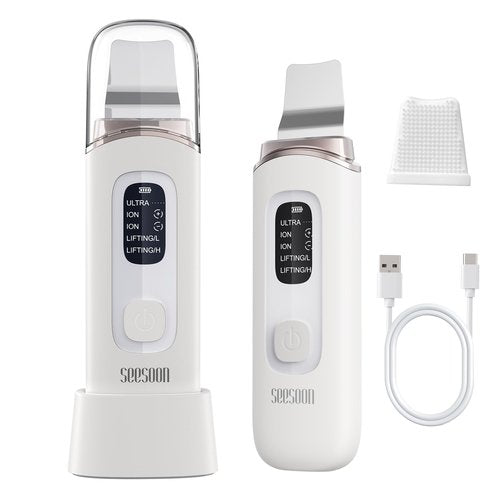 SEESOON Face Scrubber Exfoliator, Skin Scrubber Face Spatula, 4 Modes Blackhead Remover Tools for Facial Deep Cleansing with LCD Display, IPX7 Waterproof-White