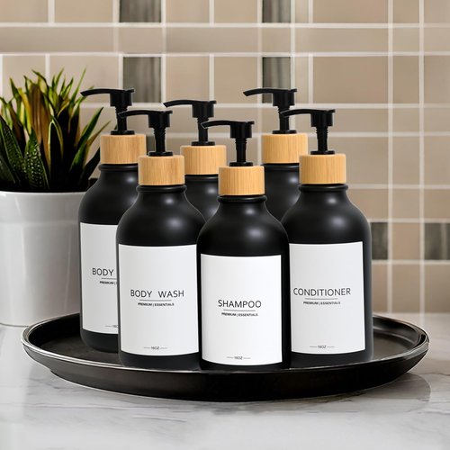 GlrYer Shampoo and Conditioner Frosted Bottles Bamboo Pump, Refillable Shampoo Empty Bottles for Lotion Oil Shower Soap Dispenser (6p-Black)