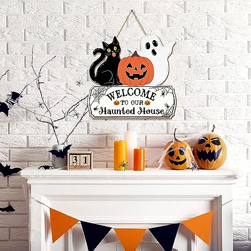 Halloween Door Hanging Sign - Welcome Ghost, Black Cat, Pumpkin Wood Decor for Haunted House & Party