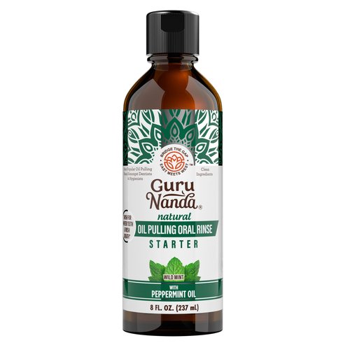 GuruNanda Starter Pulling Oil Mouthwash for Natural Teeth Whitening, Coconut and Peppermint Oil for Fresh Breath & Happy Gums, Alcohol-Free, 8 Oz
