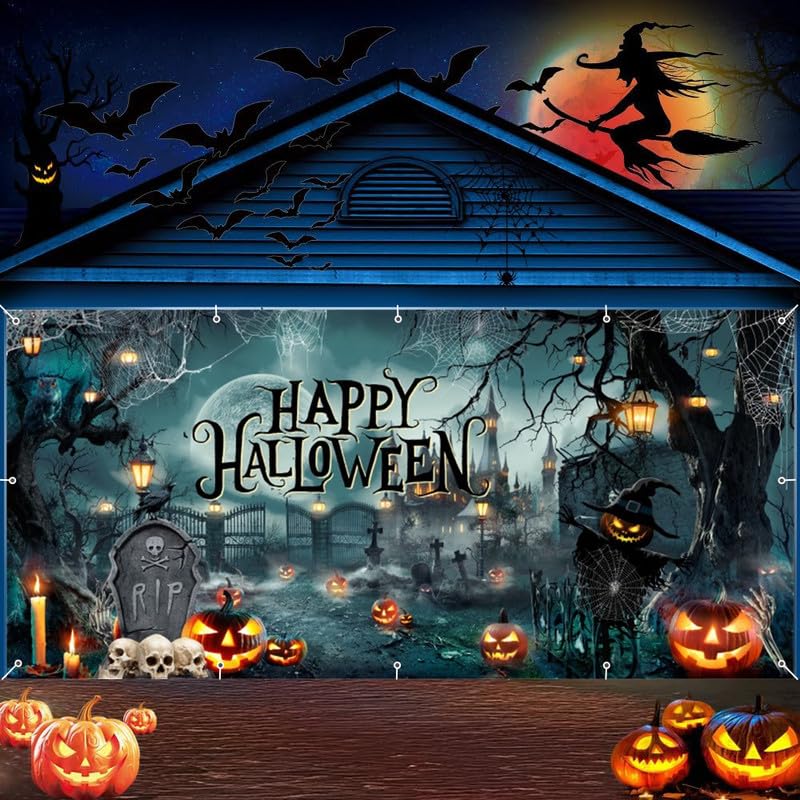 Halloween Garage Door Cover Banner 18x7ft Spooky Graveyard Backdrop - Outdoor Holiday Decoration - Variation of THIS listing