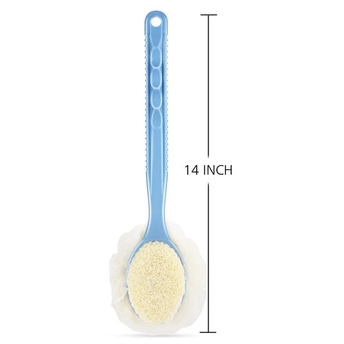 Shower Body Brush with Bristles and Loofah,Back Scrubber Bath Mesh Sponge with Curved Long Handle for Skin Exfoliating Bath, Massage Bristles Suitable for Wet or Dry, Men and Women (Grey)