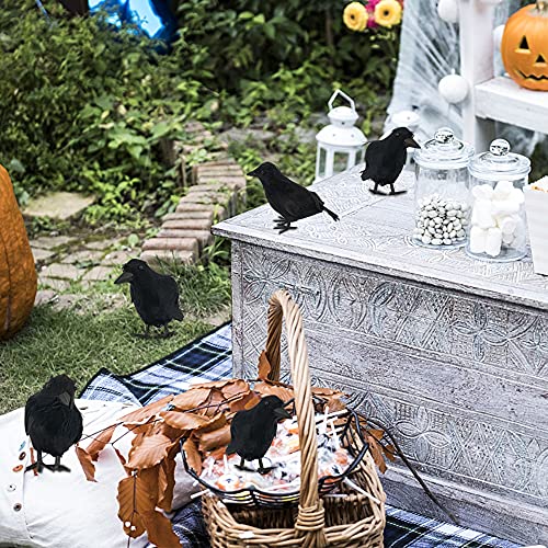 Halloween Black Feathered Crow Decorations - 12 Pack Lifelike Bird Props