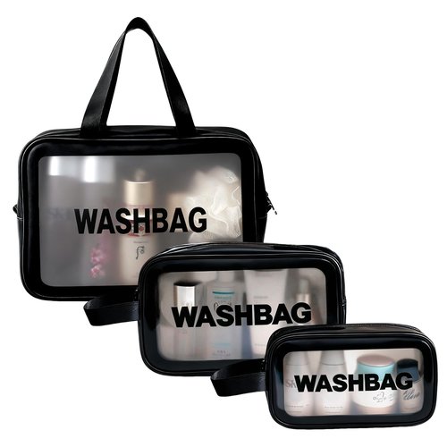 BIRDDIE Clear Travel Bags for Toiletries,3 Pack Toiletry Bag,Matte Translucent Toiletry Bag,Makeup Bag With Handy Handle,Travel Pouch,Makeup Cosmetic Organizer for Travel Essentials(Black)