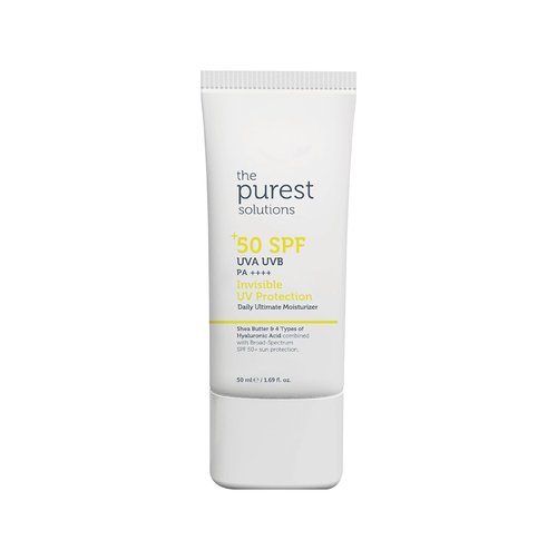 Purest Solutions Invisible UV Protection Daily Moisturizer SPF 50+ | Hydrating Hyaluronic Acid & Shea Butter | Anti-Aging Care for All Skin Types (1.69 fl. oz)