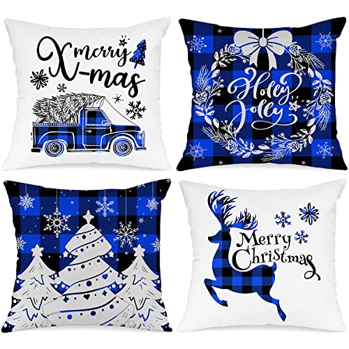 Blue Christmas Throw Pillow Covers Set of 4 26x26 Holiday Farmhouse Decor