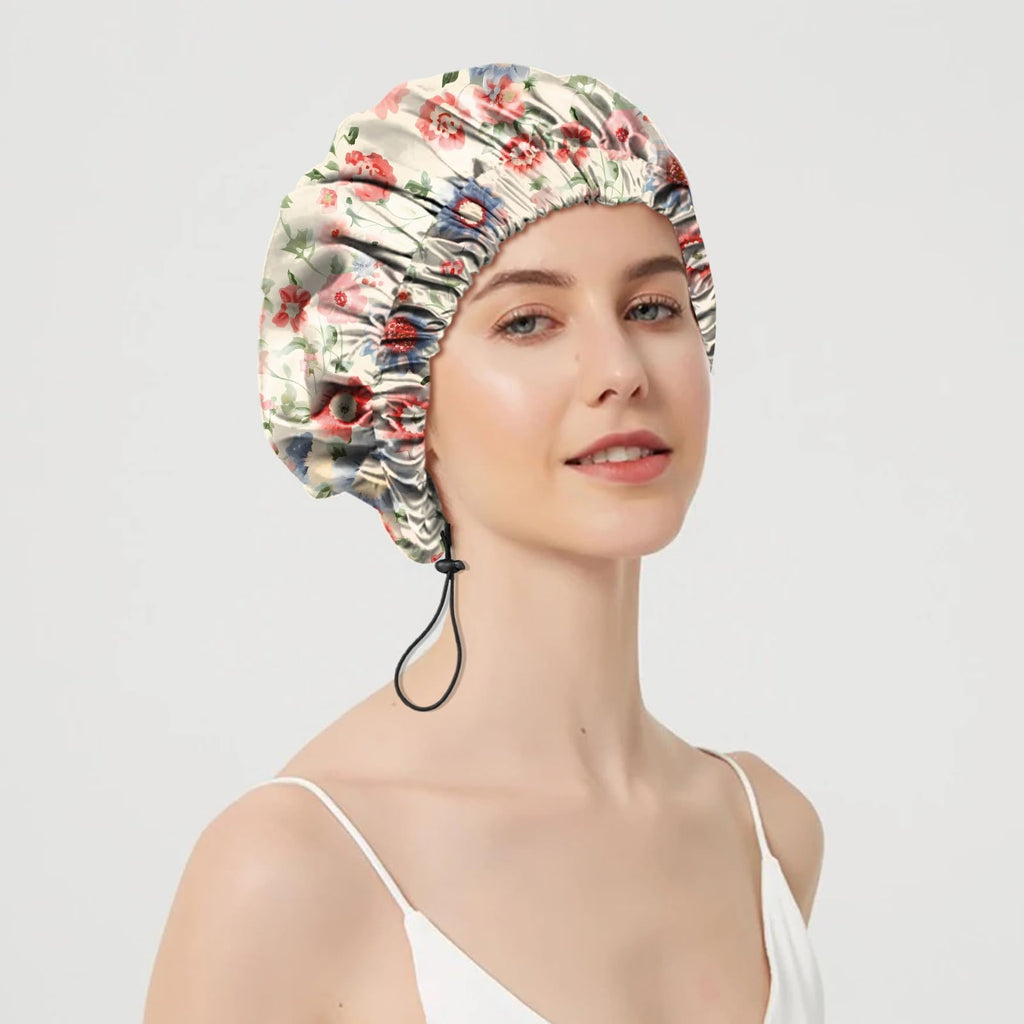 Zewurtuw 2 PCS Shower Cap Adjustable Reusable Double Waterproof Layer Elastic Hair Bath Cap Cute Aesthetic for Women Girls-Floral
