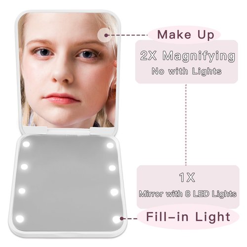 Aganmi Travel Essentials Accessories Personalized LED Pocket Mirror Pearl Letter 1X/2X Magnification Small Travel Makeup Mirror with Lights Folding Compact Mirror for Women Teen Girl White S