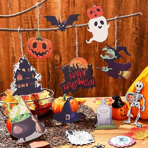 Halloween Wooden Hanging Ornaments Set - Skeleton, Pumpkin, Witch, Black Cat, 24 Pcs