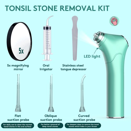 Alitake Electronic Vacuum Tonsil Stone Removal Kit - Tonsil Stone Remover with Built-in LED Light 3 Suction Mode - Fight Bad Breath Oral Irrigator 5X Magnifying Mirror for Stone Removal (Green)