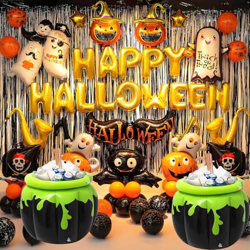 Halloween Inflatable Cauldron Cooler with Stirring Rod - 23.6x26.3 Giant Pool Ice Bucket for Party Decorations
