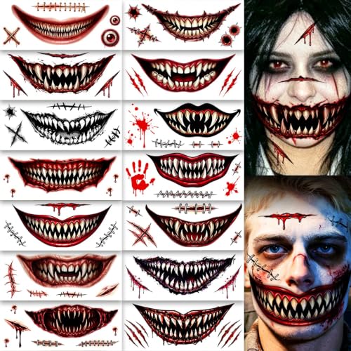 Halloween Face Tattoos Big Mouth Set - 14 Sheets Horror Makeup