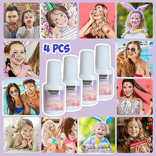 Water Soluble Glitter Glue Set - 8ml Brush Bottles for Body & Face Art, Halloween & Party Makeup (4 Pieces)
