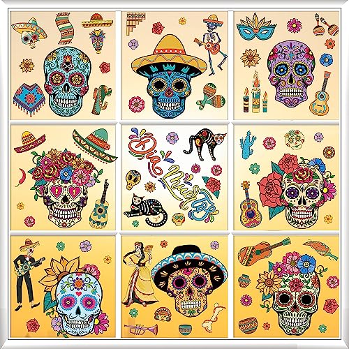 Day of the Dead Window Clings - Sugar Skull Halloween Decor - 9 Pcs