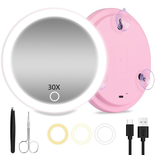 30X Magnifying Mirror with Lights, 6inch Large Makeup Magnifying Mirror, Lighted 30X High Magnifying Mirror, Travel Magnifying Mirror with Lights 30X, Portable LED Magnified Mirror with 3 Suction Cups