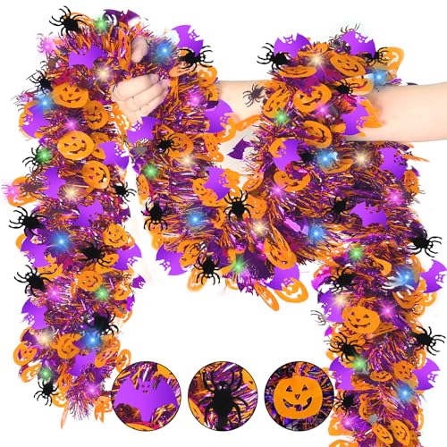 32FT Halloween Tinsel Garland with LED Lights - Pumpkin, Spider, Bat Decorations for Indoor Outdoor Parties