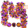 32FT Halloween Tinsel Garland with LED Lights - Pumpkin, Spider, Bat Decorations for Indoor Outdoor Parties