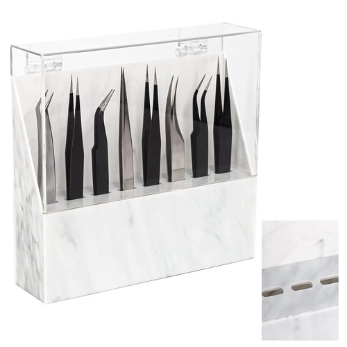 LXIANGN 8 Holes Dust-proof Eyelash Tweezers Holder Case Acrylic Marble Tweezer Stand Display Organizer with Cover for Lash Extensions (white)