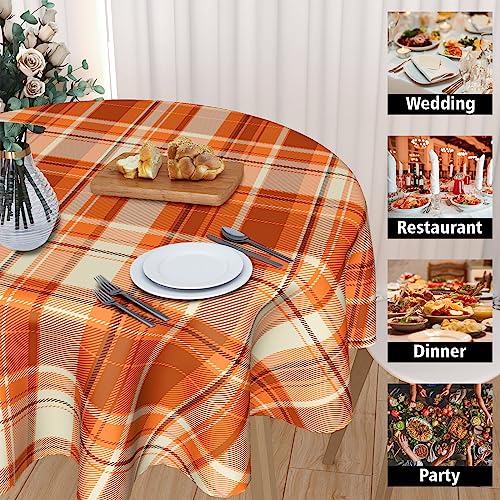 Kawani Fall Orange Round Tablecloth 60-Inch Autumn Thanksgiving Checkered Decor