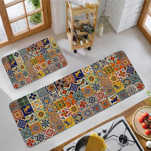 Mexican Talavera Kitchen Rugs Set of 2 Non Slip Washable Floor Mats - Mexican Tile Pattern