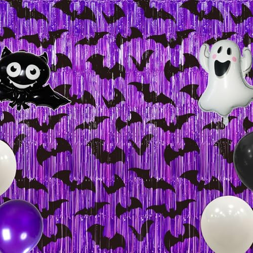 Halloween Purple Fringe Curtain with Bat Decorations - 2 Pack, 3.3 x 6.6 ft