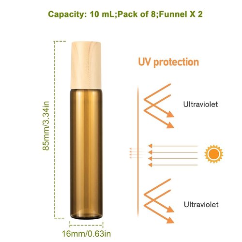 Newzoll 10mL(1/3 Oz) Amber Glass Roll On Bottles, 8 Pack Leak Proof Refillable Roller Bottles for Essential Oils, Perfume, DIY Craft, Samples, Eye Roller, Travel Portable