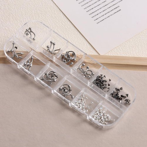 3D Punk Alloy Nail Art Dangle Charms with Piercing Tool Hand Drill, Silver Cone Spike Studs Hanging Rings Metallic Nail Jewelry Rivets Pierced Art Supplies for Tips, Acrylic, Gels Decorations