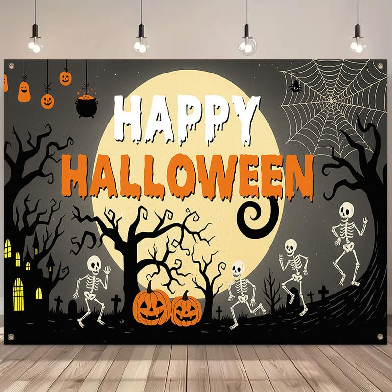 Halloween Banner 71x43 Inch Fabric Backdrop with Skeletons Pumpkins Haunted House MulticolorB76