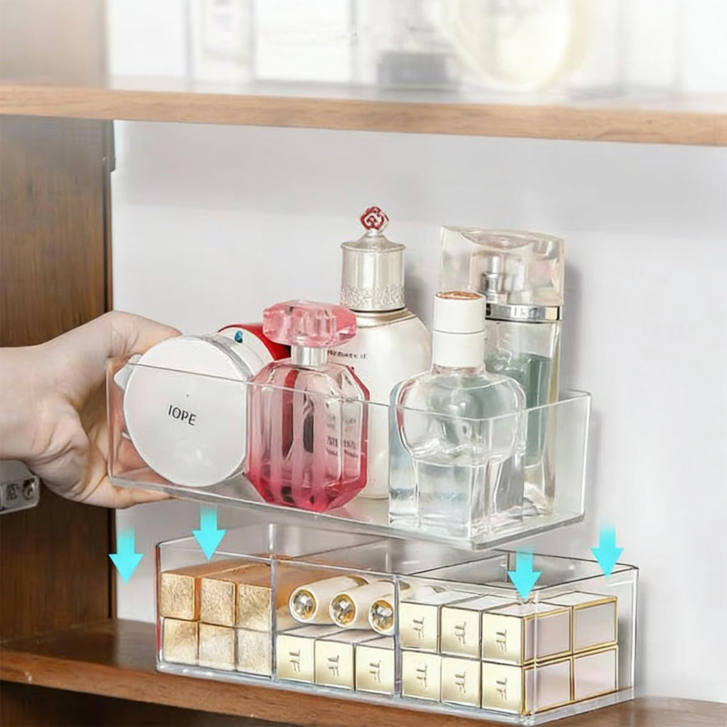 WECHENG Acrylic Makeup Organizer: Drawer Organizer for Bathroom - Stackable Cosmetic Display Cases for Vanity Countertop and Makeup Storage Containers (3-Compartment)
