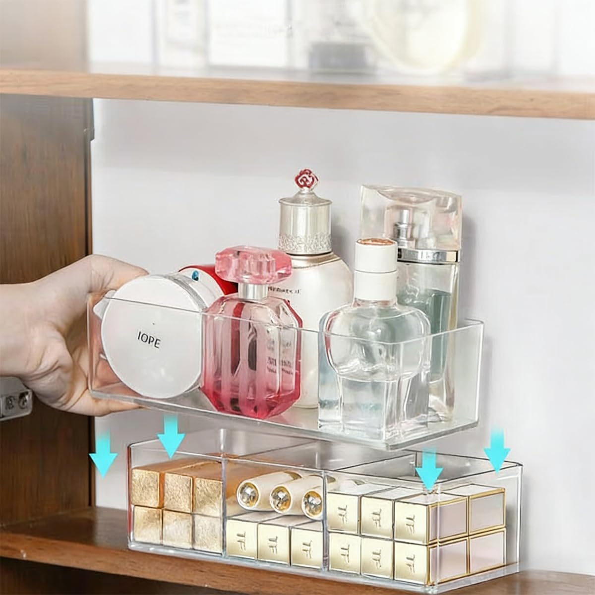 WECHENG Acrylic Makeup Organizer: Drawer Organizer for Bathroom - Stackable Cosmetic Display Cases for Vanity Countertop and Makeup Storage Containers (3-Compartment)
