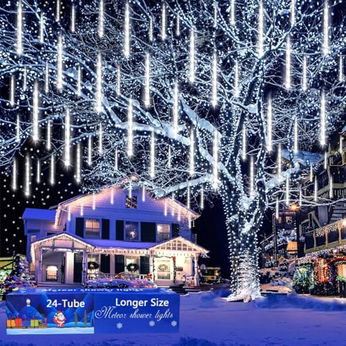 Outdoor Christmas Meteor Shower Lights 24 Tubes White - 30ft Decorative LED String