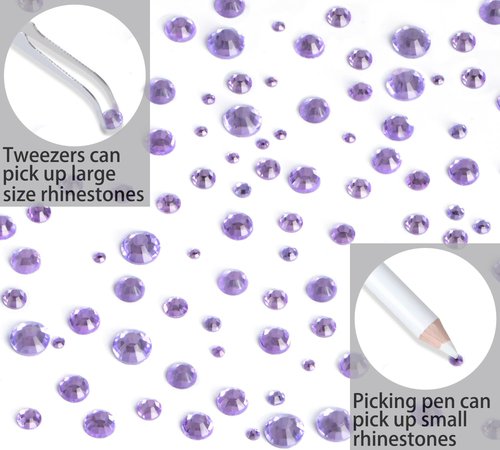 QOGIR 10000 Pieces 5 Mixed Size Violet Hotfix Rhinestones for Crafts Clothes Nail Art with Tweezers and Picking Rhinestones Pencil