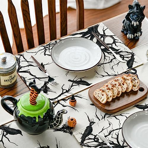 Tree Crows Halloween Placemats Set of 4 - 12x18 Inch Fall Table Decor Beige & Black