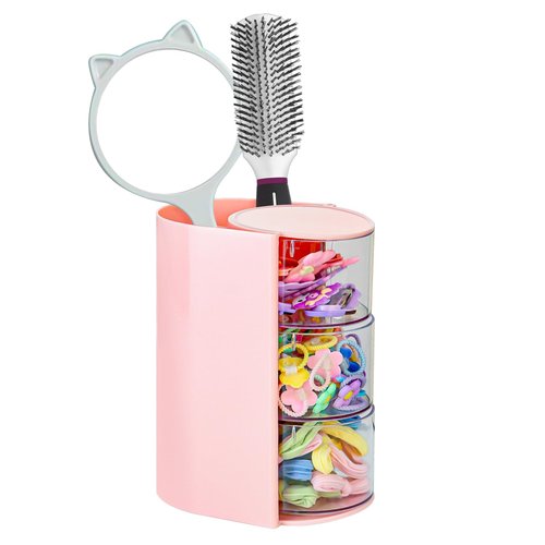Luscinia Hair Accessories Organizer with Hair Brush Holder, Rotatable Makeup Brush and Jewelry Storage Box for Hair Clips, Earrings, Necklaces, Bracelets, Rings, and Daily Accessories (Pink, 3-Layer)