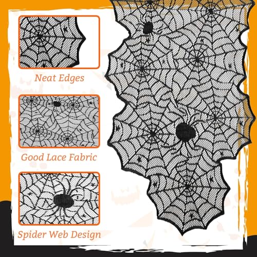 2 PCS Halloween Table Runner with Black Lace Spider Web - 72 Inch, Spooky Holiday Decor