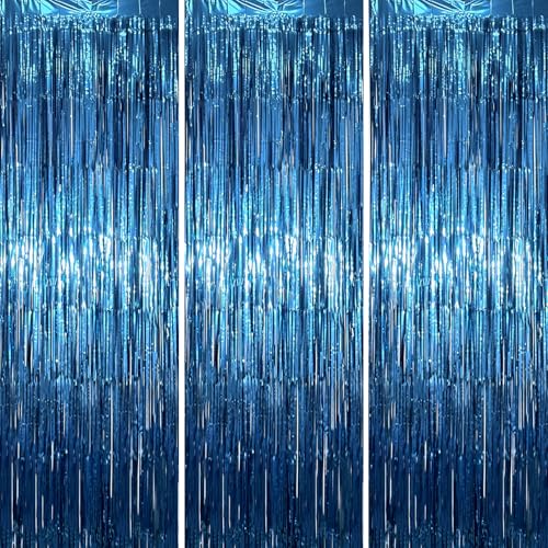 Voircoloria Retro Blue Foil Fringe Curtain Set - 3 Pieces, 3.3x6.6ft