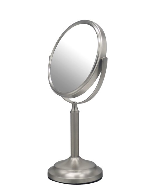Indecor Home Stainless Steel Tabletop Makeup Vanity Mirror 1X and 3X Magnification Round Swivel Mirror for Desk, Bedroom, Bathroom Brushed Nickel
