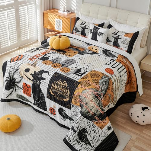 Halloween Quilt Queen Size Bedding Set with Pillow Shams - Black, 4 Pieces